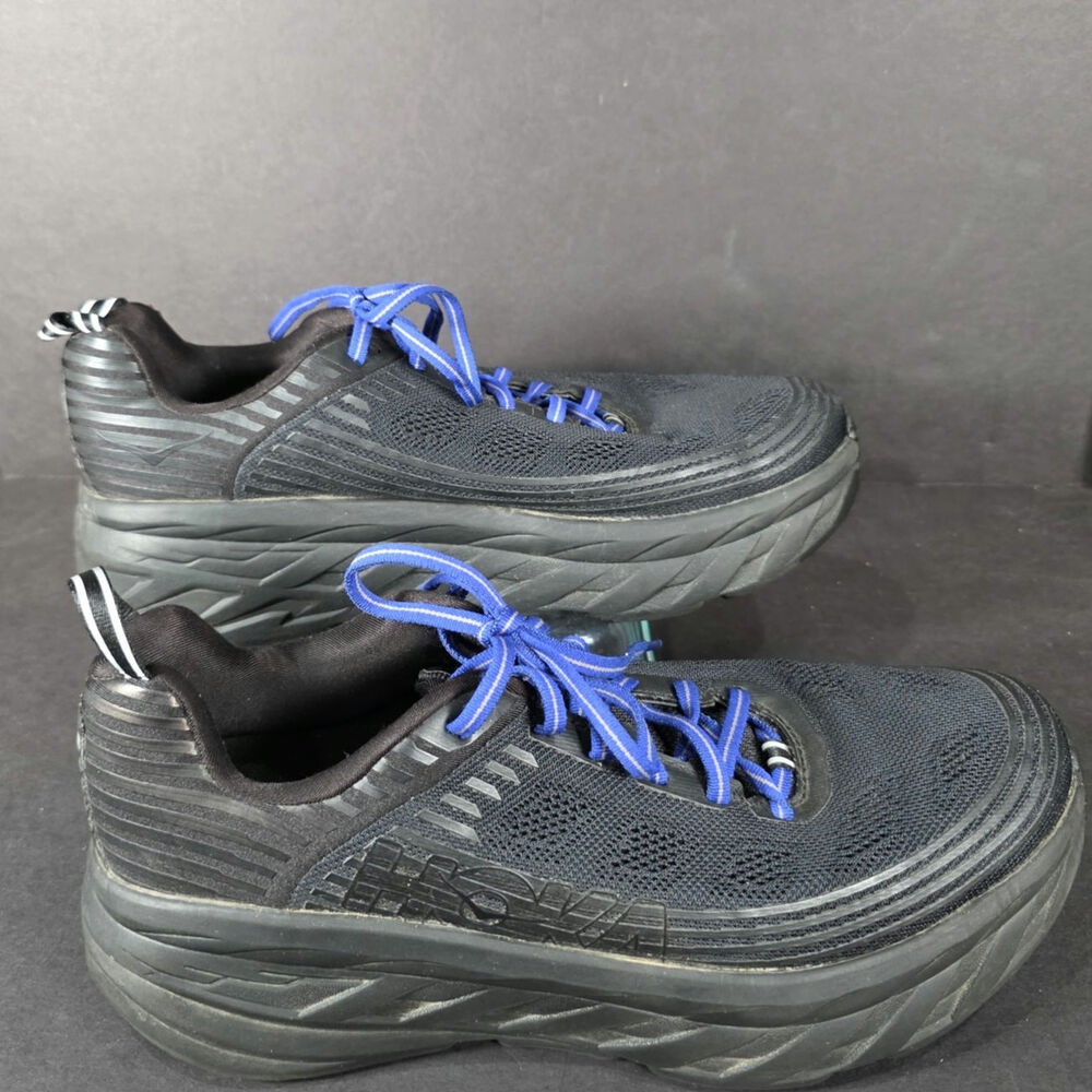 HOKA One One Bondi 6 Athletic Shoes Black Women's Sz 9.5 Sneakers Blue Laces